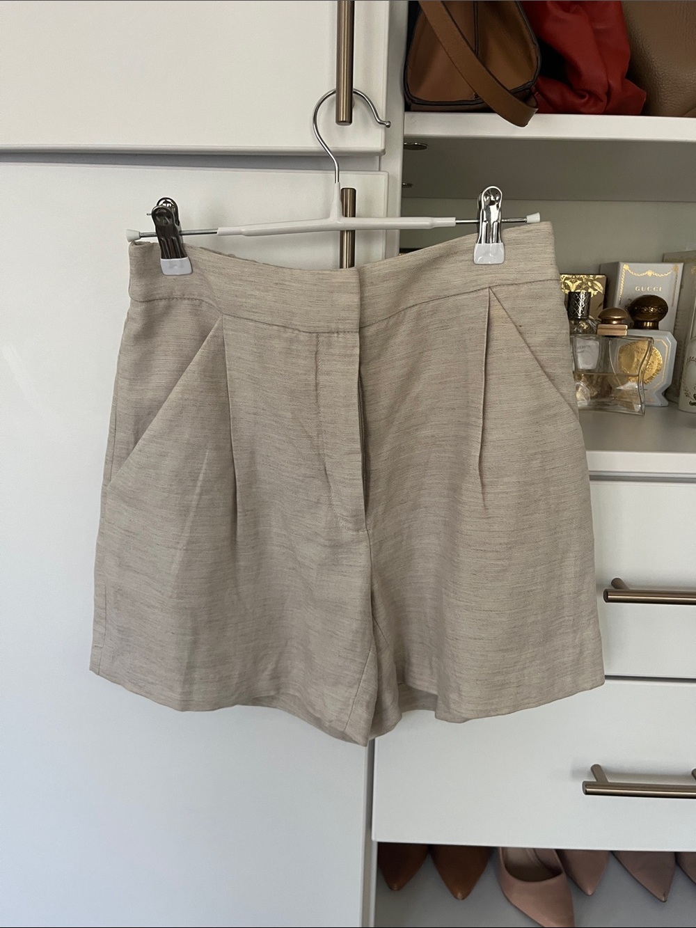 High-Waist Linen Blend Shorts in Light Beige